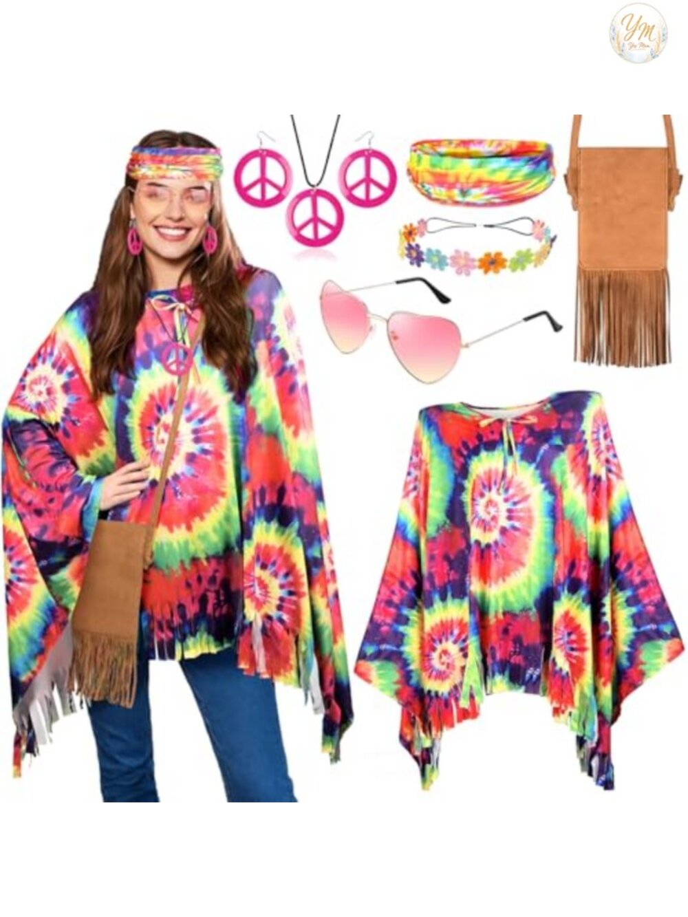 Hippie Costume Accessory Set Poncho Fringe Bag Headbands Necklace Earrings
